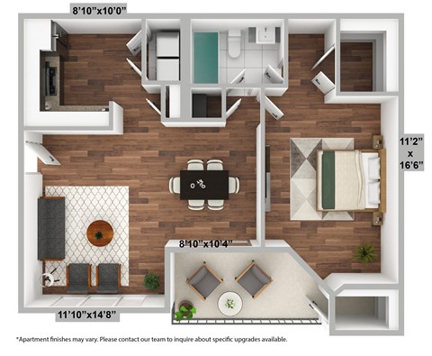 Floor plan for 1 bed, 1 bath, 855 sqft